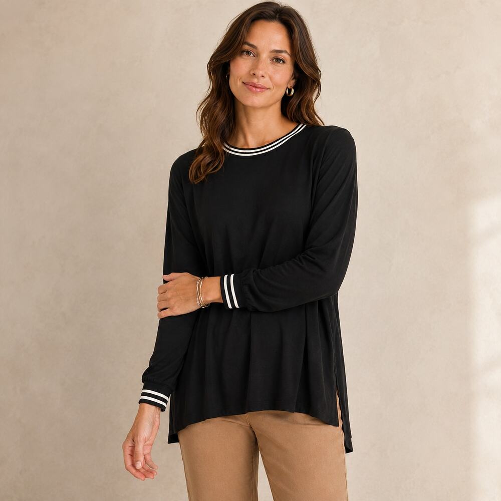 Soft Surroundings Black Tunic M Minimalist Varsity Lagenlook High Low
